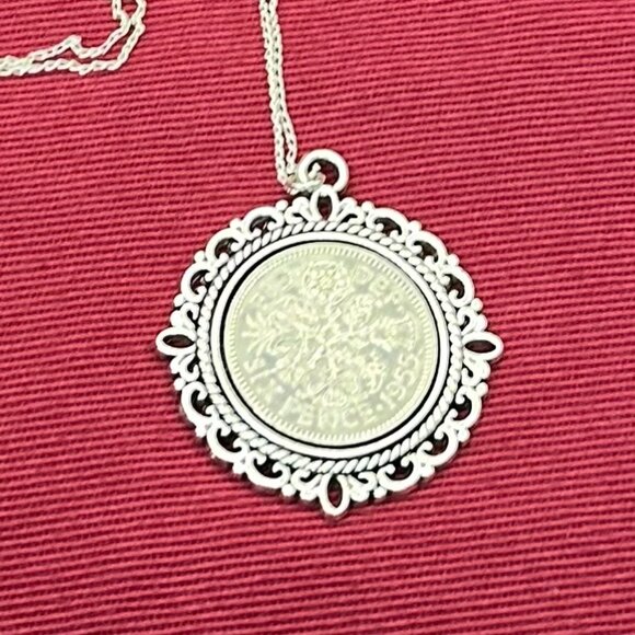Sterling Chain 1955 Sixpence Coin Pendant Necklace - Picture 7 of 13